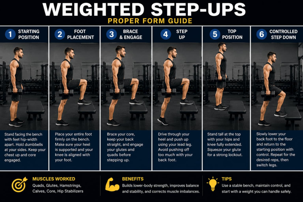 Weighted step-ups tutorial showing proper form step by step