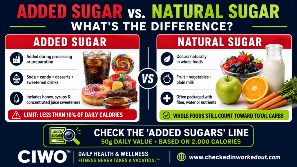 CIWO infographic comparing added sugar in soda candy and desserts with natural sugar in fruit vegetables and plain milk