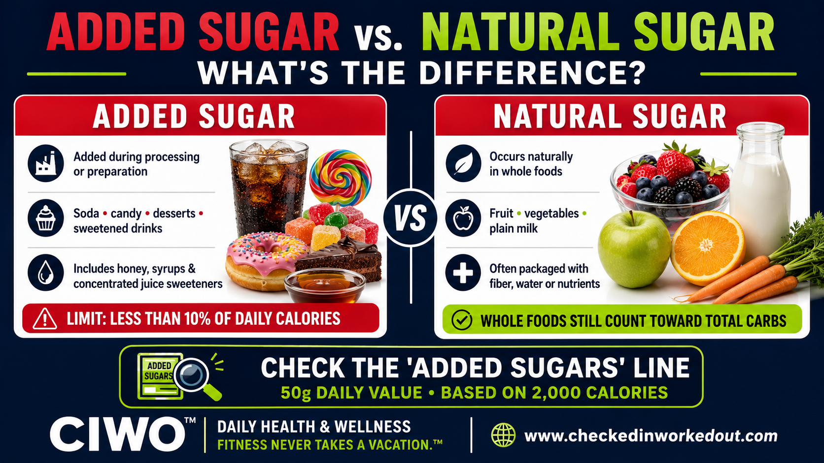 CIWO infographic comparing added sugar in soda candy and desserts with natural sugar in fruit vegetables and plain milk