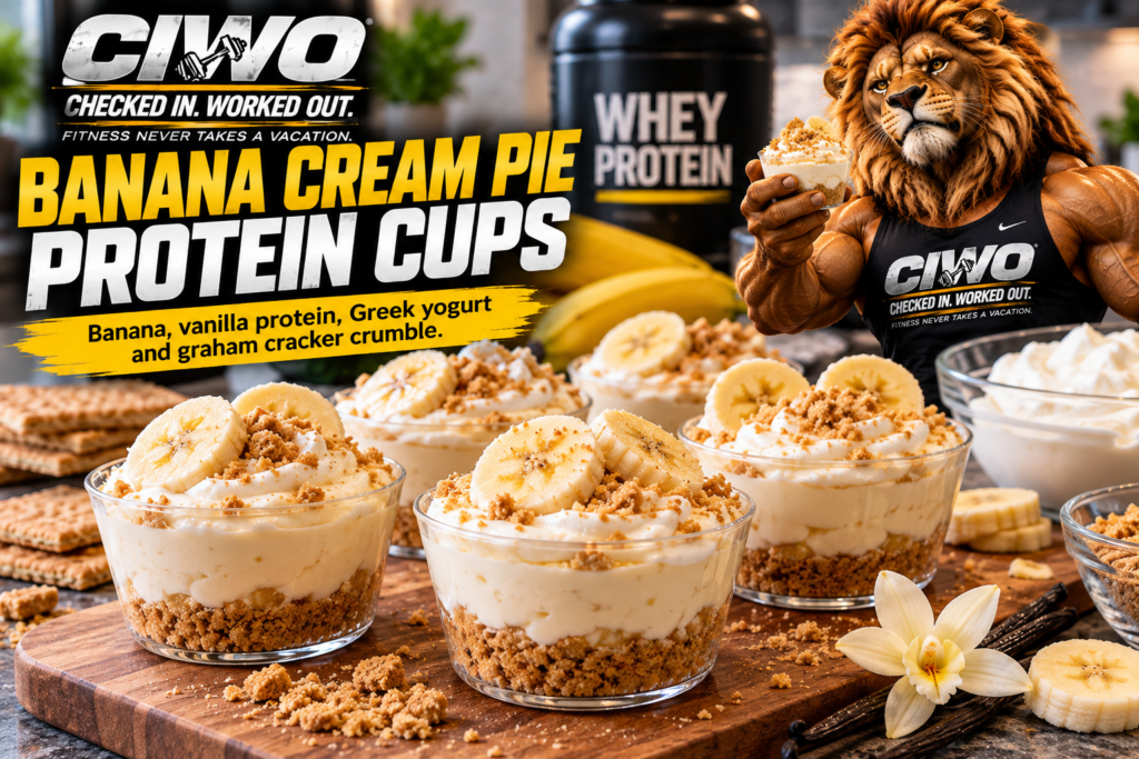 CIWO Banana Cream Pie Protein Cups with banana, vanilla protein, Greek yogurt and graham cracker crumble