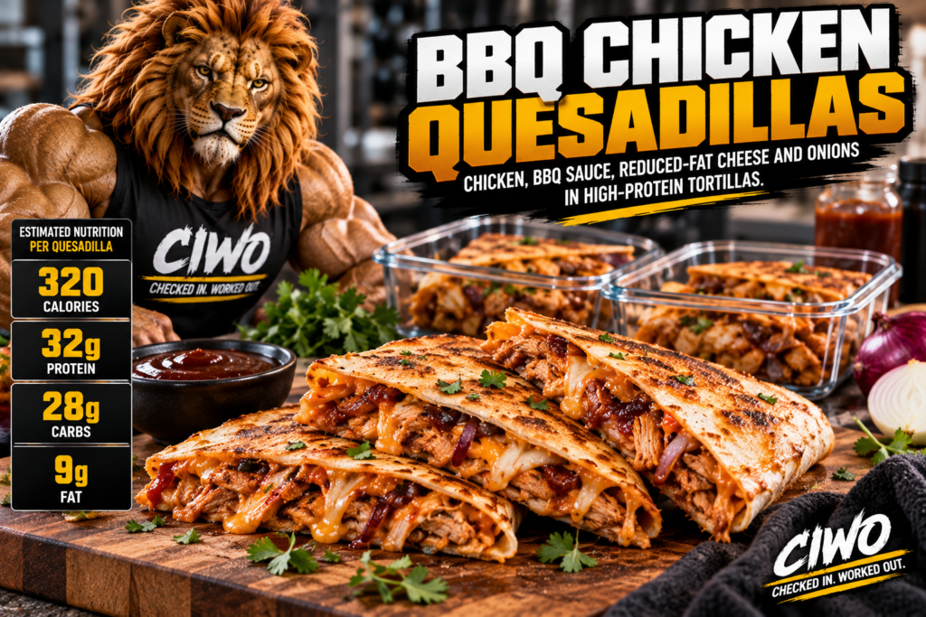 CIWO BBQ Chicken Quesadillas meal prep with chicken, BBQ sauce, reduced-fat cheese and onions in high-protein tortillas