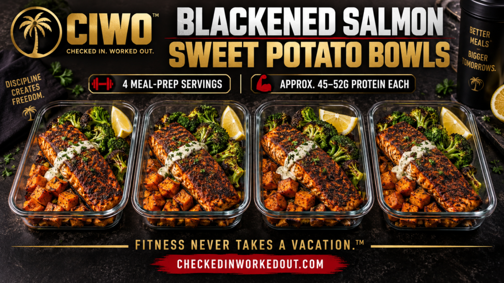 Four CIWO Blackened Salmon Sweet Potato Bowls with roasted broccoli and lemon Greek yogurt sauce