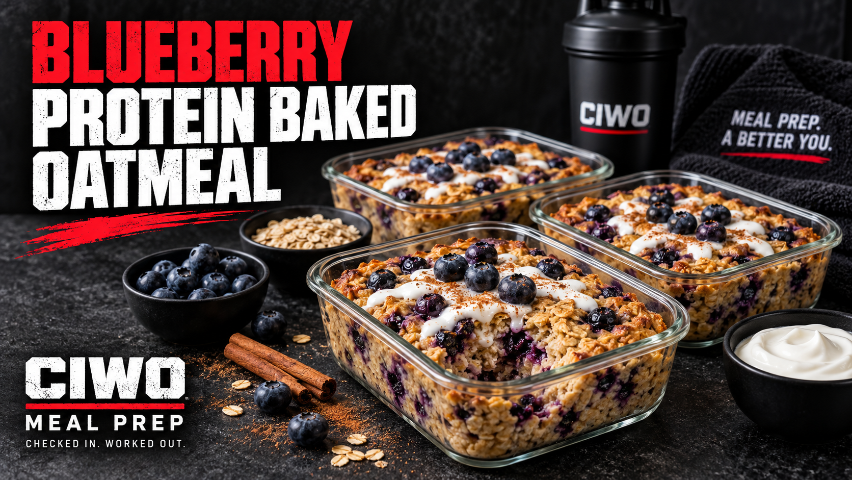 Four CIWO Blueberry Protein Baked Oatmeal servings with blueberries, Greek-yogurt drizzle and cinnamon