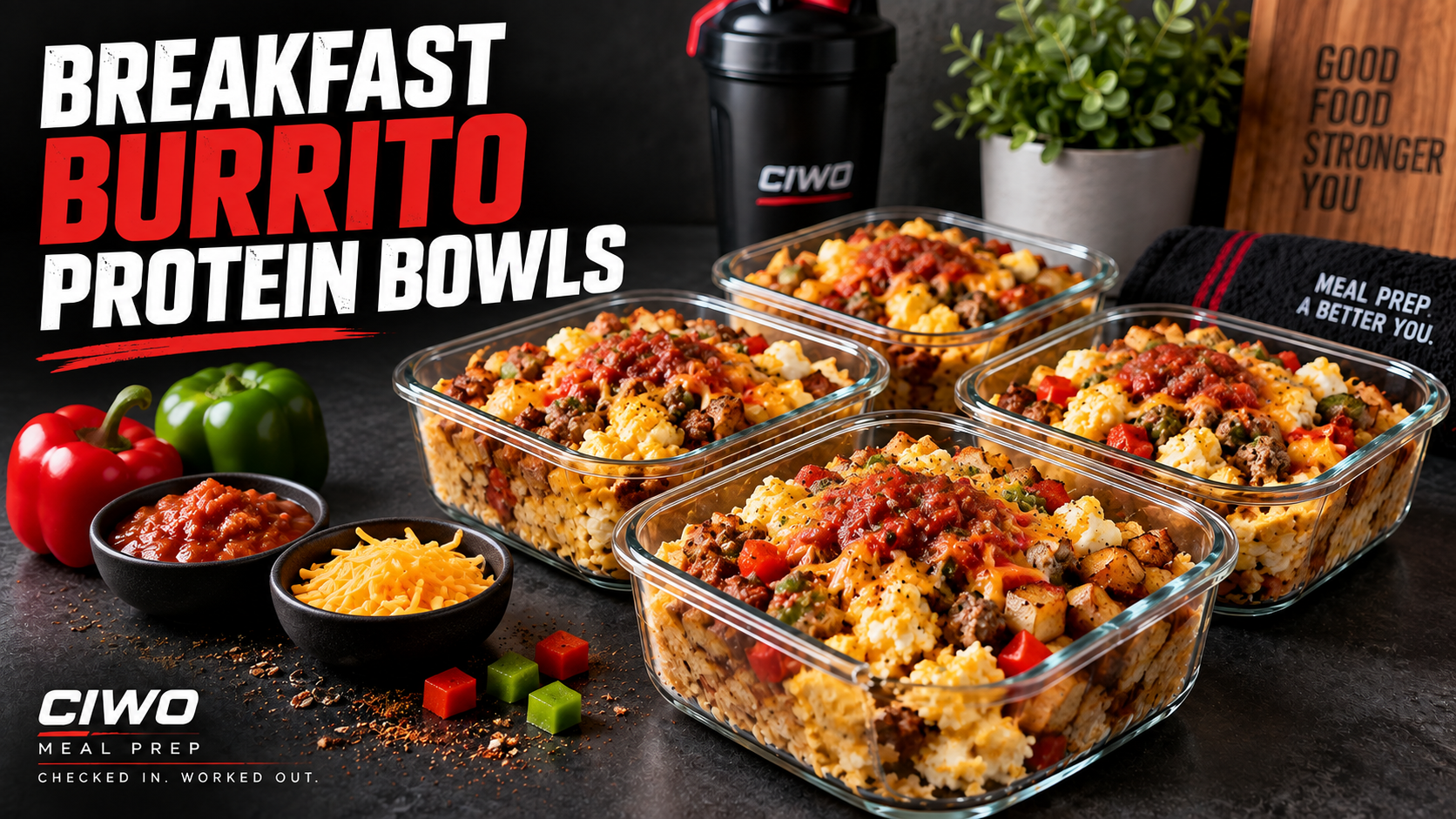 Four tortilla-free breakfast burrito protein bowls with eggs, turkey sausage, roasted potatoes, peppers, salsa and cheese