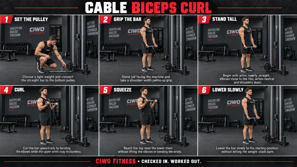 Six-step CIWO guide showing a human athlete performing a standing Cable Biceps Curl with a straight bar and low pulley
