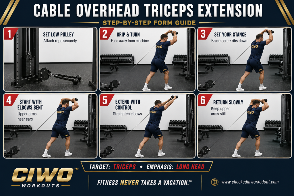 Six-step CIWO guide demonstrating proper Cable Overhead Triceps Extension form