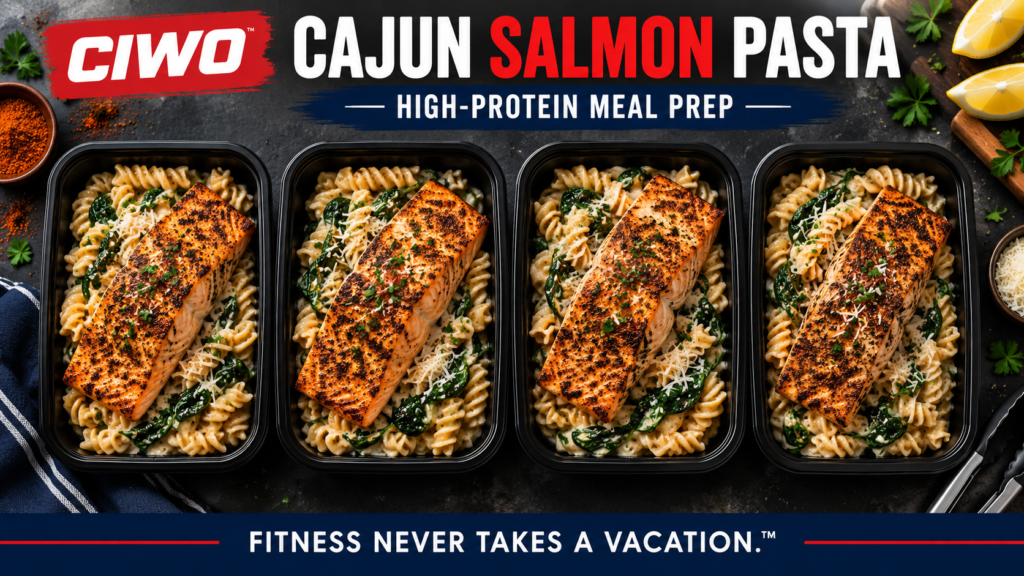 Four CIWO Cajun Salmon Pasta meal-prep containers with protein pasta and spinach
