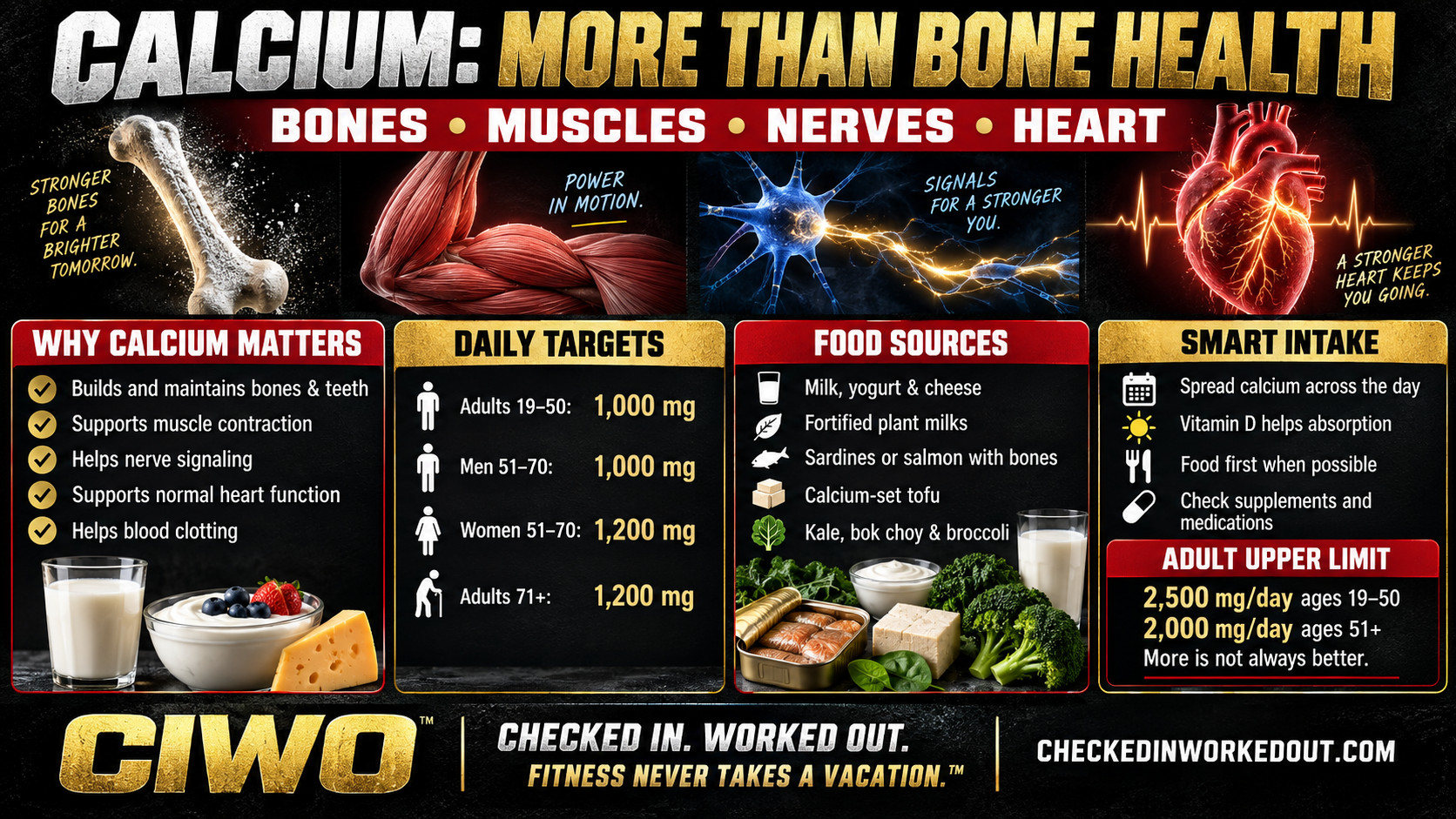 CIWO calcium guide explaining benefits for bones, muscles, nerves and the heart with daily intake targets and food sources