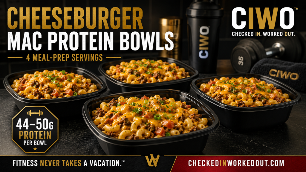 Four CIWO Cheeseburger Mac Protein Bowls with lean beef, protein pasta, tomatoes and melted cheddar