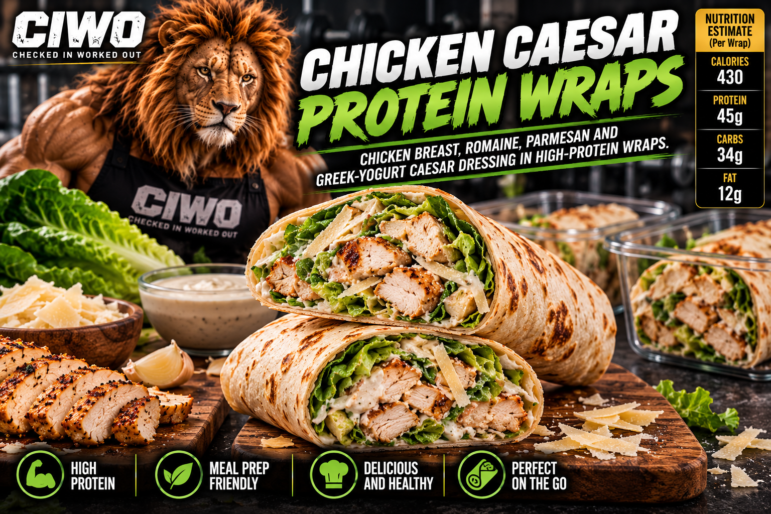 CIWO Chicken Caesar Protein Wraps with sliced chicken breast, romaine, Parmesan and Greek-yogurt Caesar dressing