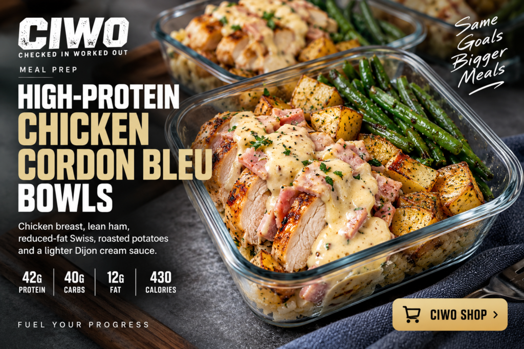 Illustrated CIWO chicken cordon bleu meal-prep bowl with chicken, ham, Swiss cheese, roasted potatoes and Dijon sauce