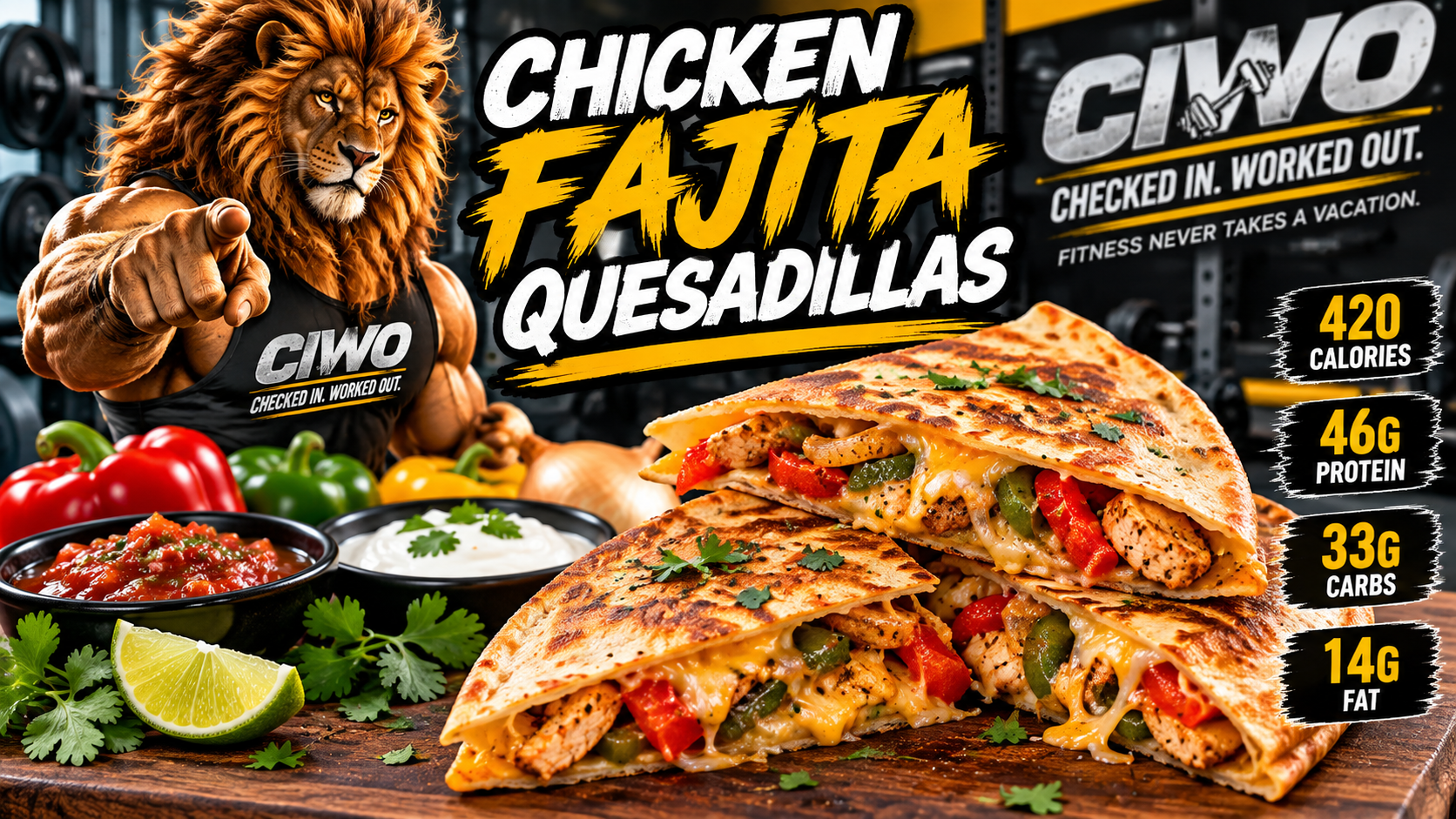 CIWO Chicken Fajita Quesadillas high-protein meal prep with chicken peppers onions cheese salsa and Greek yogurt