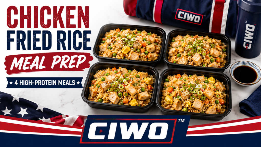 Four CIWO Chicken Fried Rice Meal Prep containers with chicken, eggs, peas and carrots