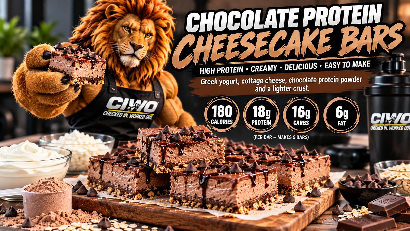 CIWO Chocolate Protein Cheesecake Bars with RIPP the Lion