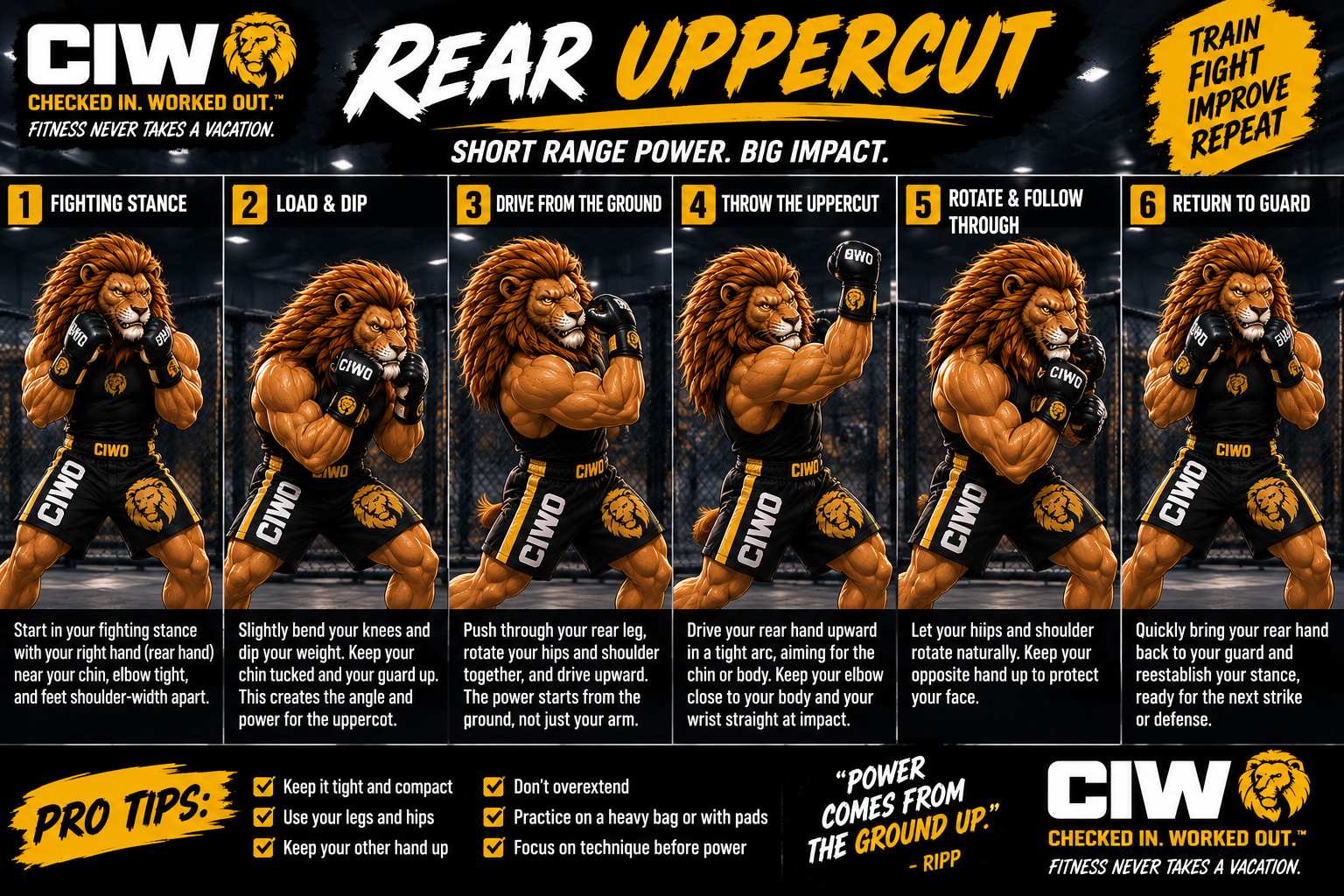 RIPP demonstrating the rear uppercut step by step for MMA striking