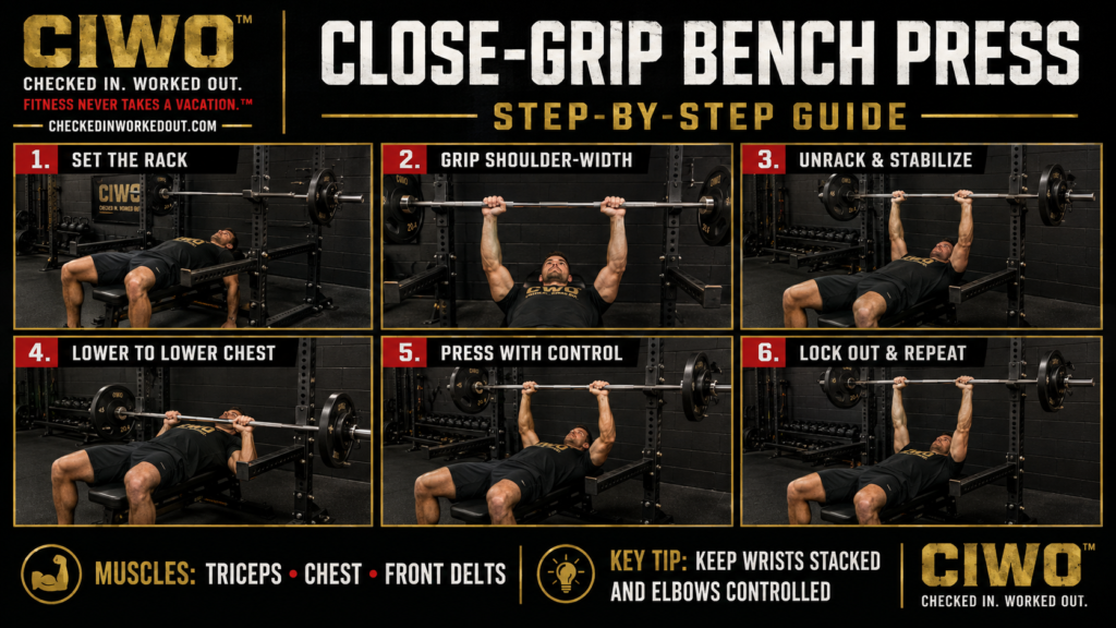 Six-step CIWO guide demonstrating proper Close-Grip Bench Press form in a power rack