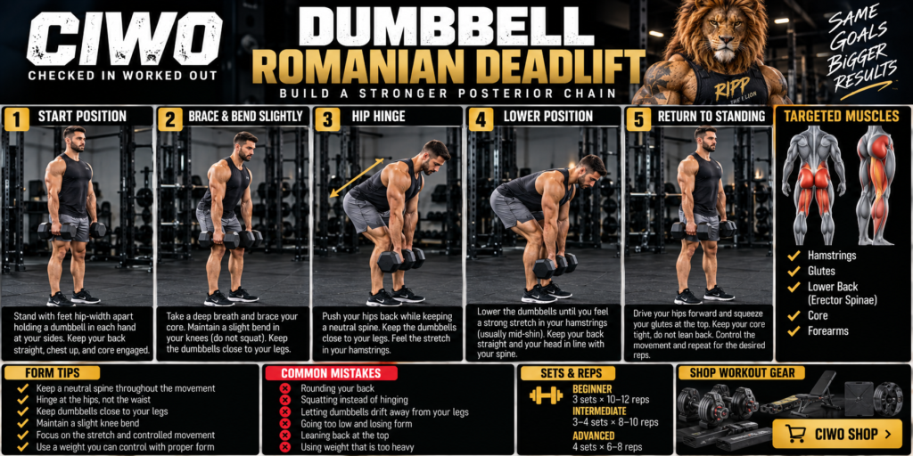 CIWO Romanian deadlift illustrated three-stage hip hinge guide: stand tall, push hips back, return to standing