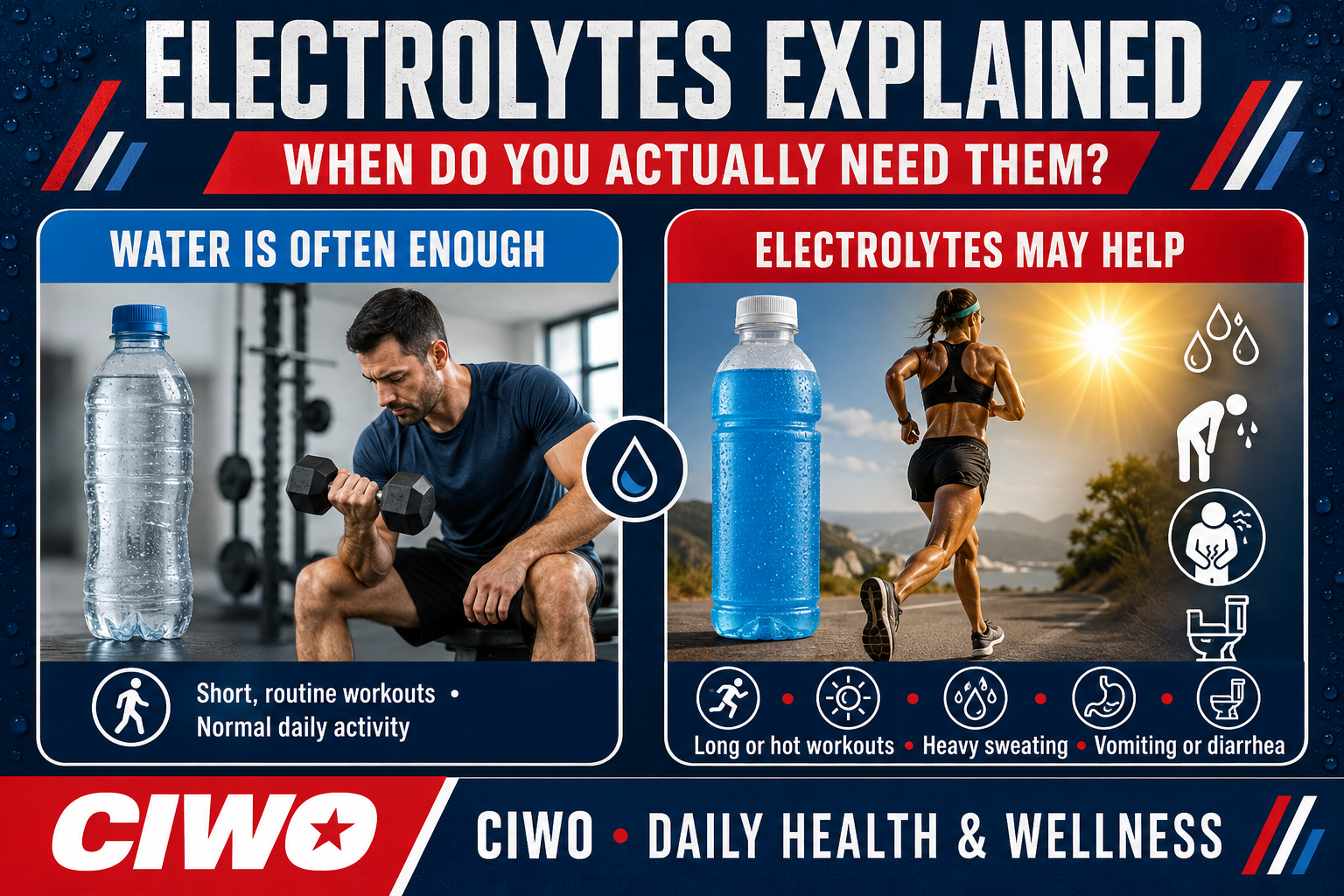 CIWO infographic comparing water for routine workouts with electrolytes for long hot exercise heavy sweating or illness