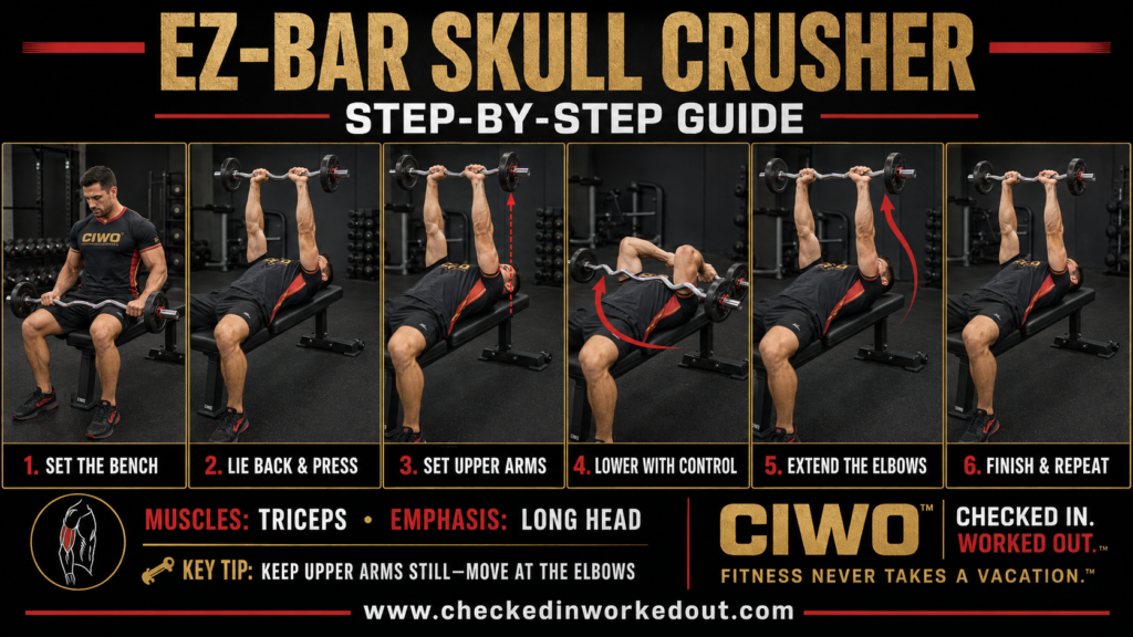 Six-step CIWO guide demonstrating proper EZ-Bar Skull Crusher form on a flat bench