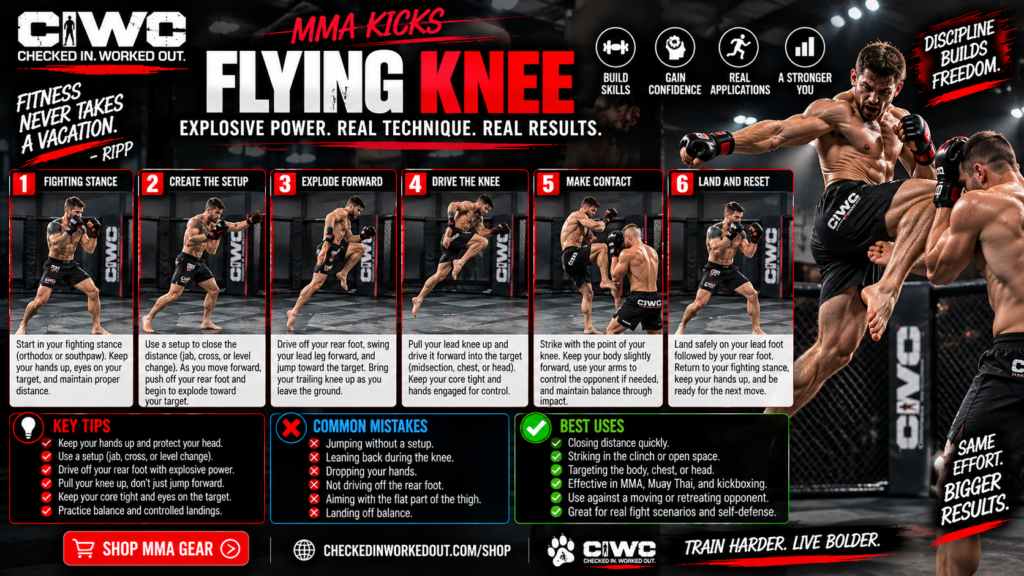 Six-panel step-by-step flying knee MMA technique guide with human athlete demonstrating stance, setup, takeoff, knee drive, pad contact, and landing