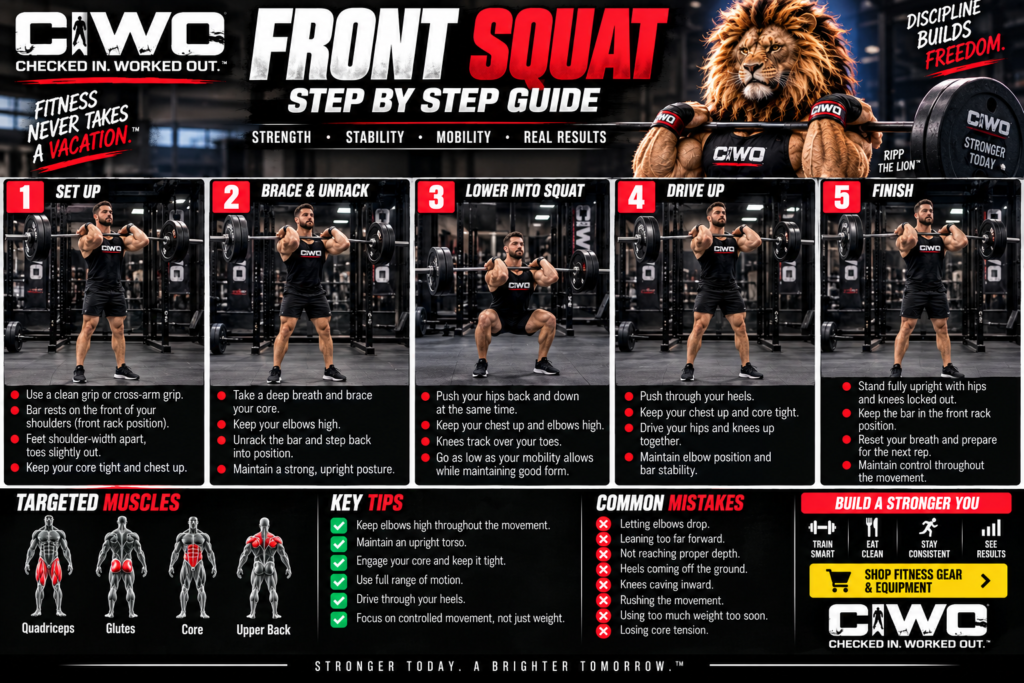 Front squat step-by-step exercise guide with human demonstrator showing proper barbell front squat technique