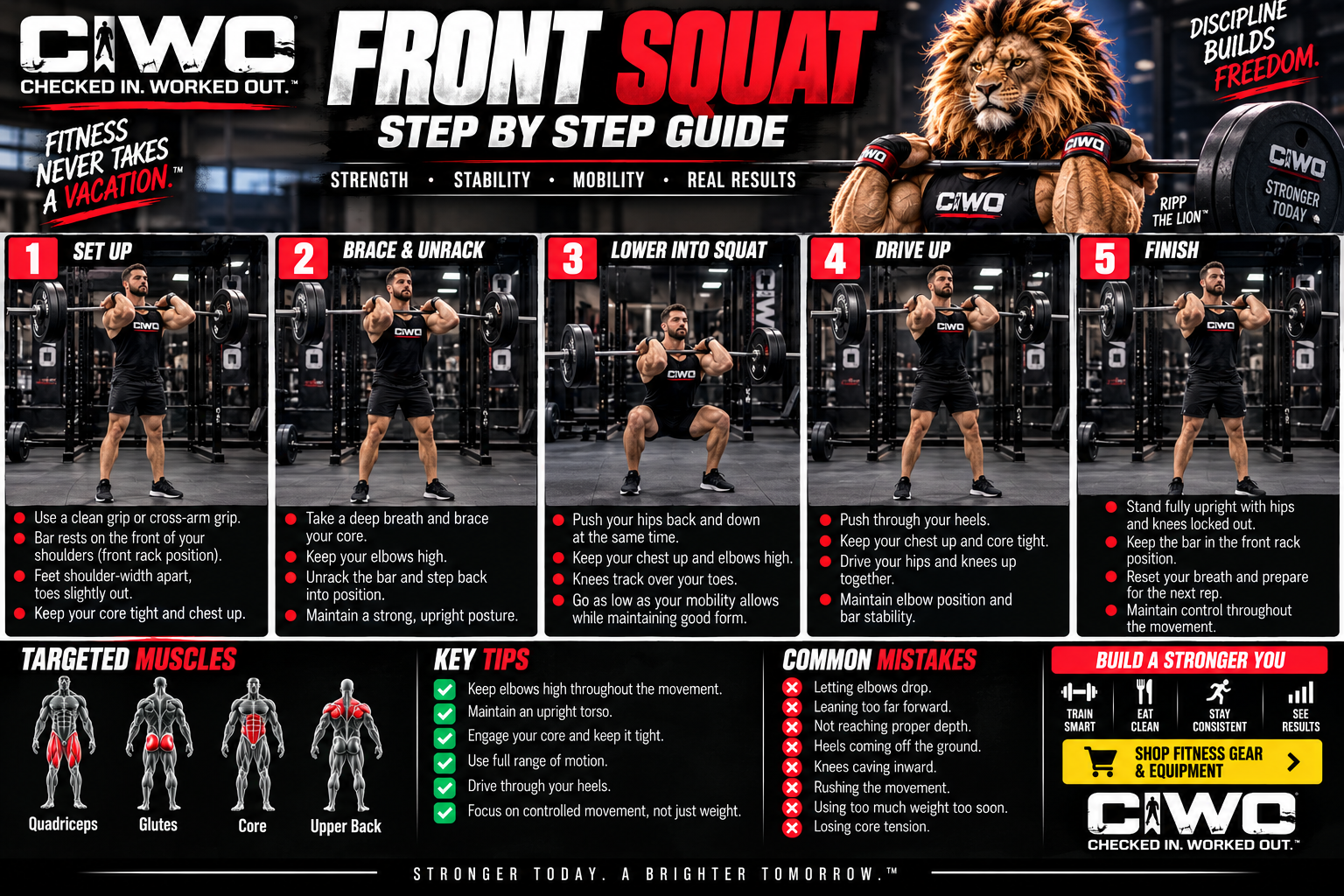 Front squat step-by-step exercise guide with human demonstrator showing proper barbell front squat technique