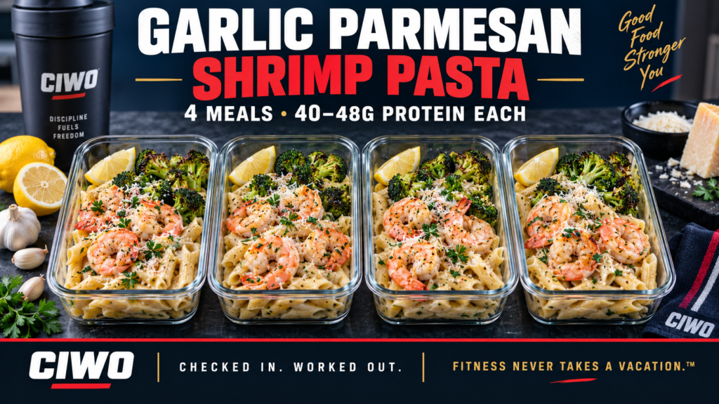 Four CIWO Garlic Parmesan Shrimp Pasta meal-prep containers with protein pasta, broccoli and lighter creamy sauce