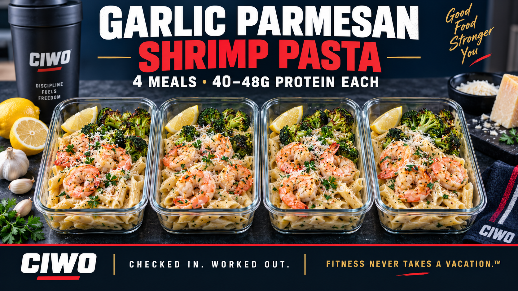 Four CIWO Garlic Parmesan Shrimp Pasta meal-prep containers with protein pasta, broccoli and lighter creamy sauce