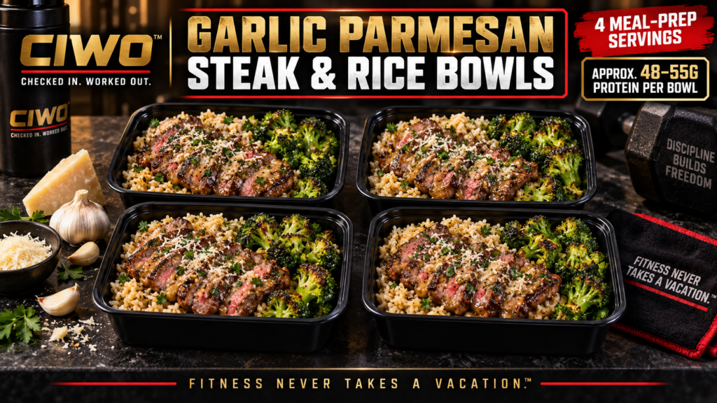 Four CIWO Garlic Parmesan Steak and Rice Bowls with sirloin, seasoned rice and roasted broccoli