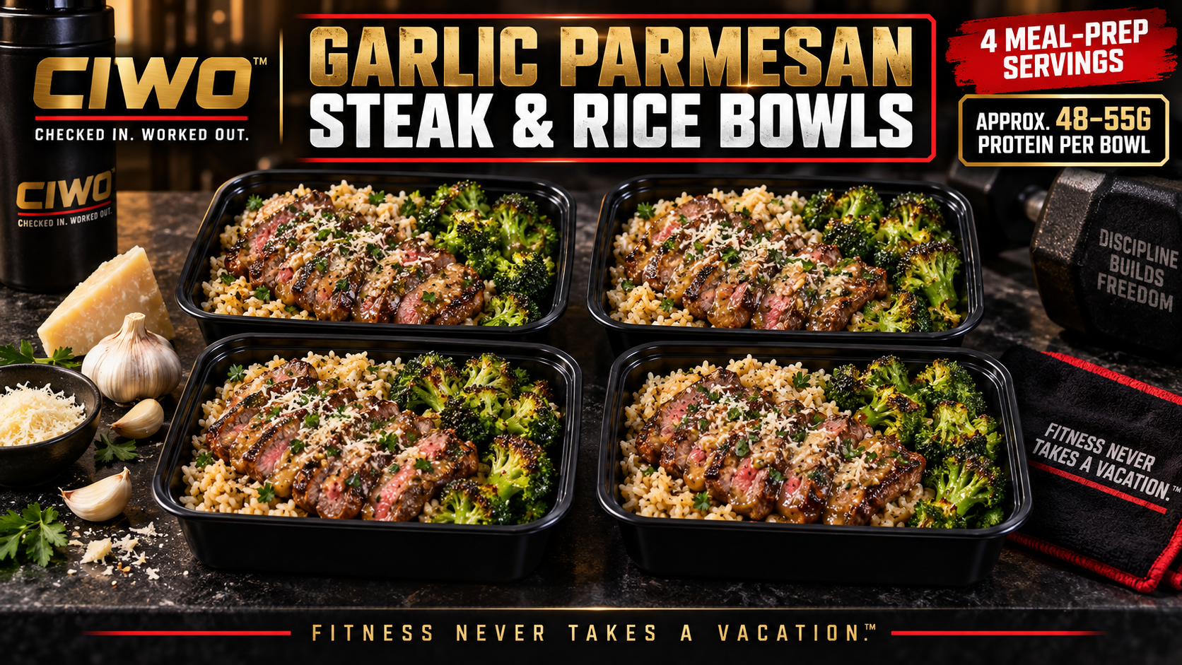 Four CIWO Garlic Parmesan Steak and Rice Bowls with sirloin, seasoned rice and roasted broccoli