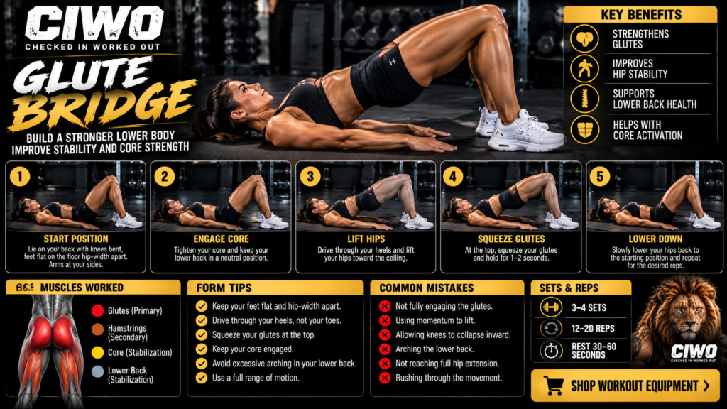 Real female athlete demonstrating five stages of the floor glute bridge in a gym