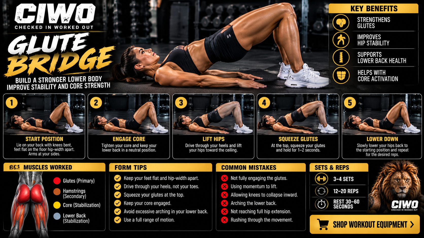 Real female athlete demonstrating five stages of the floor glute bridge in a gym