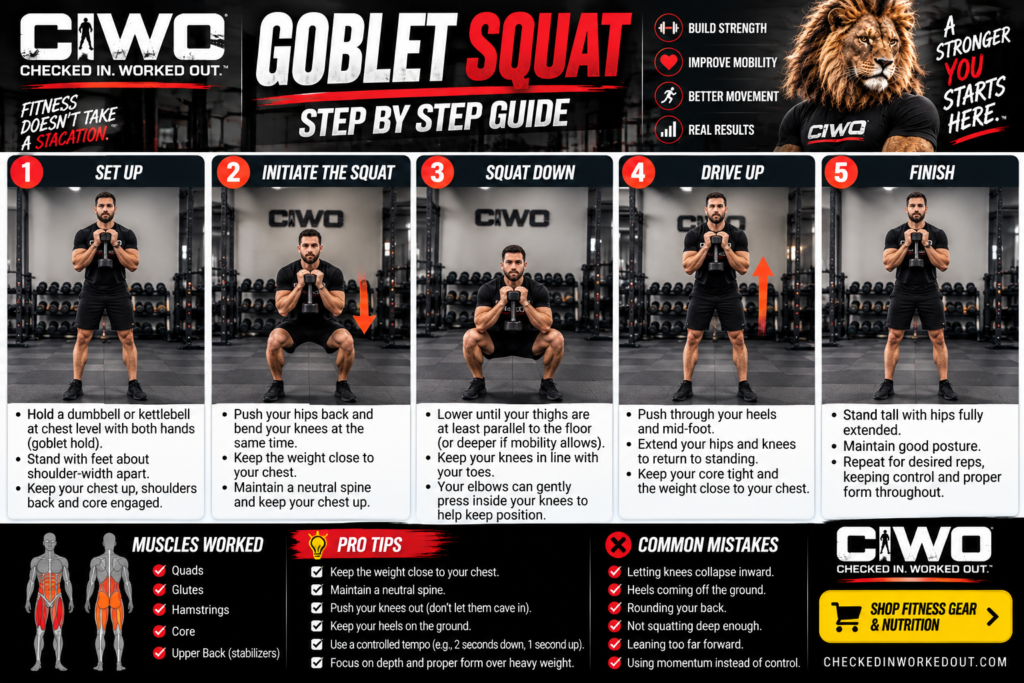 Human athlete demonstrating the goblet squat step by step in a CIWO fitness guide