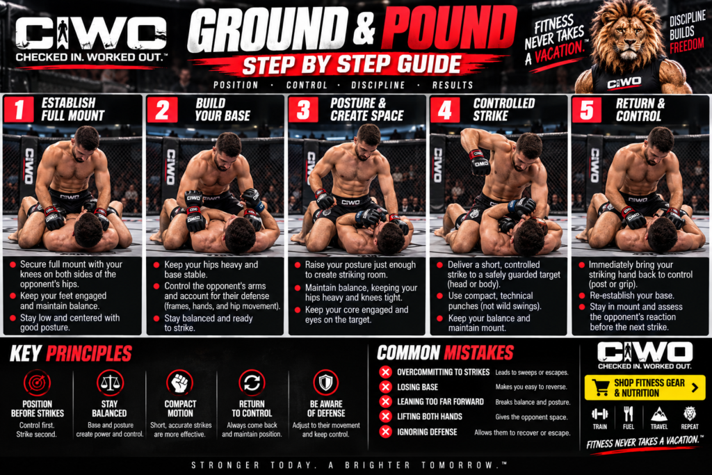 Ground and pound step-by-step MMA striking guide showing full mount control and striking mechanics