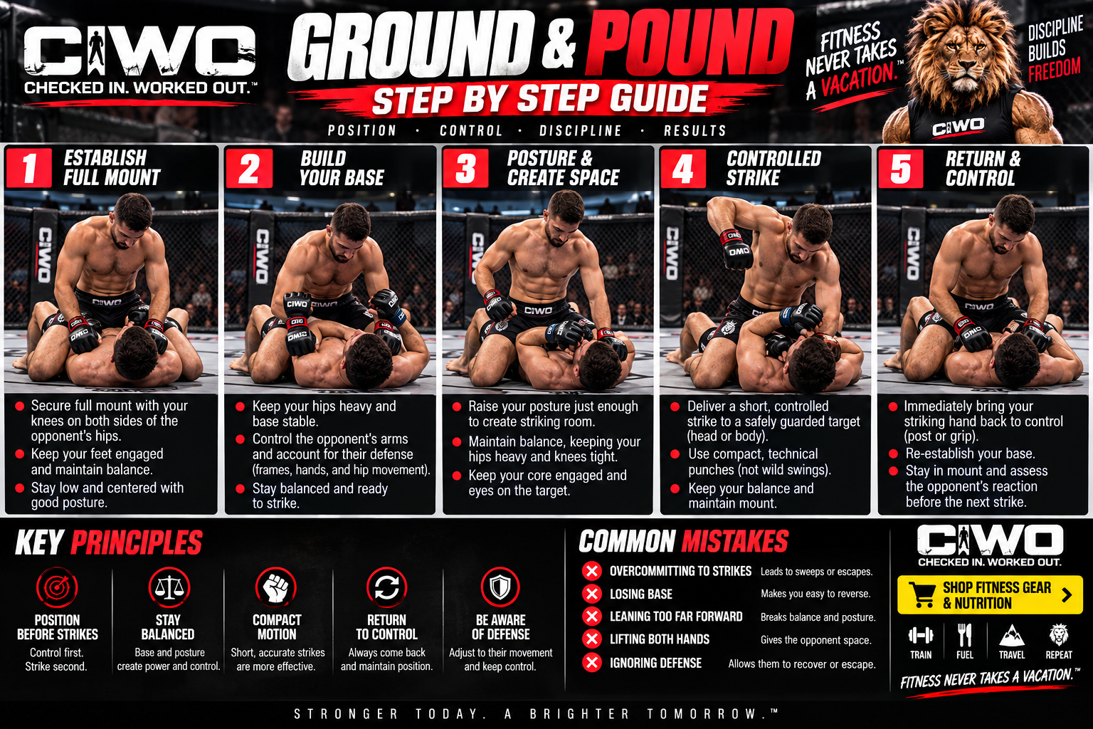 Ground and pound step-by-step MMA striking guide showing full mount control and striking mechanics