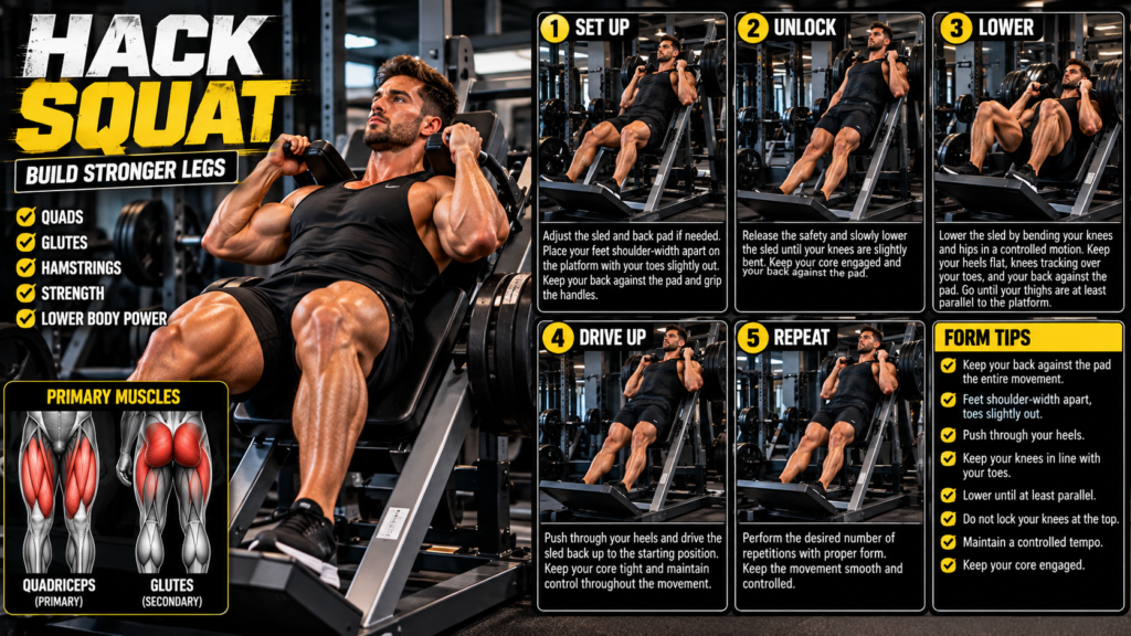 Human athlete demonstrating hack squat form on a hack squat machine with step-by-step technique guide
