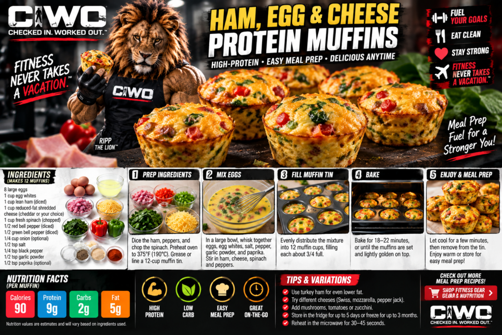 Ham egg and cheese protein muffins with spinach and peppers CIWO meal prep
