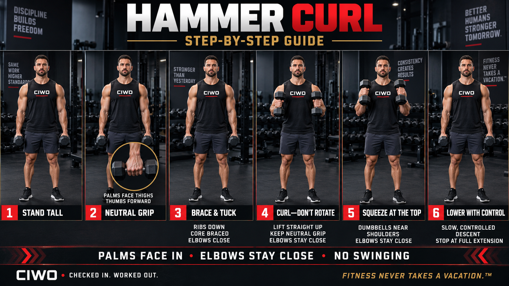 Six-step CIWO guide demonstrating proper standing dumbbell Hammer Curl form with a neutral grip