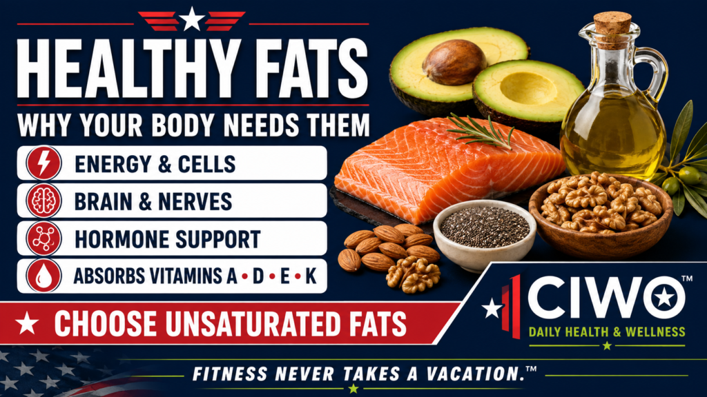 CIWO healthy fats infographic with salmon avocado olive oil walnuts almonds and chia seeds