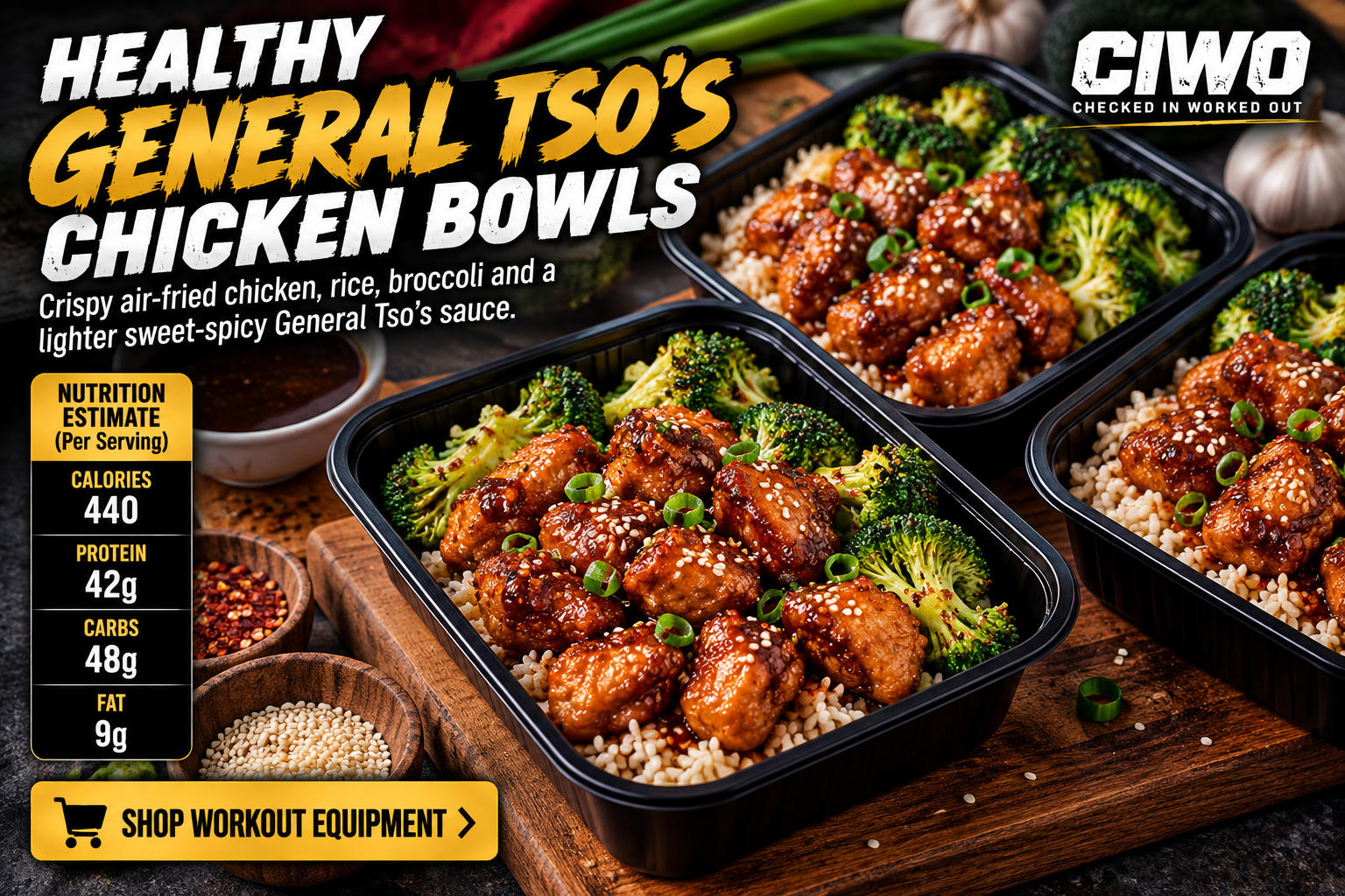 High-resolution CIWO General Tso’s chicken meal-prep bowls with glazed chicken, rice, broccoli and sesame seeds