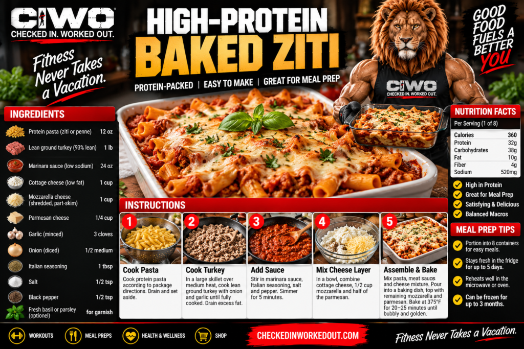 CIWO branded high-protein baked ziti with turkey, marinara, cottage cheese and mozzarella, featuring RIPP the Lion