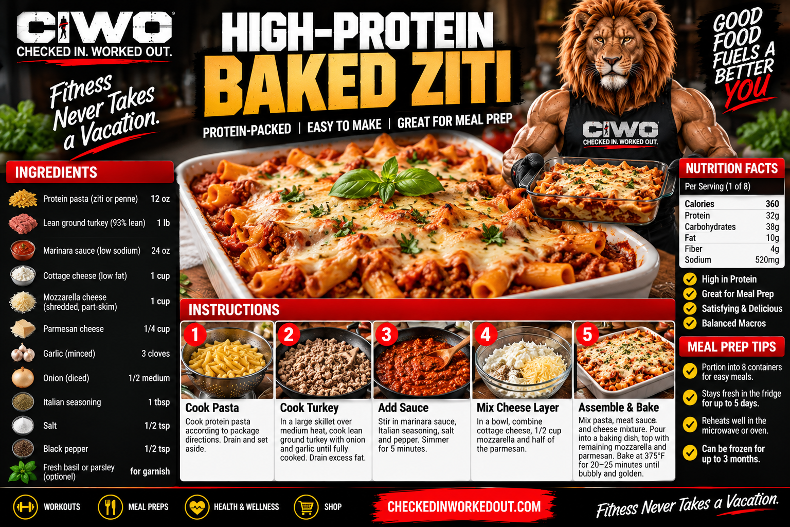 CIWO branded high-protein baked ziti with turkey, marinara, cottage cheese and mozzarella, featuring RIPP the Lion
