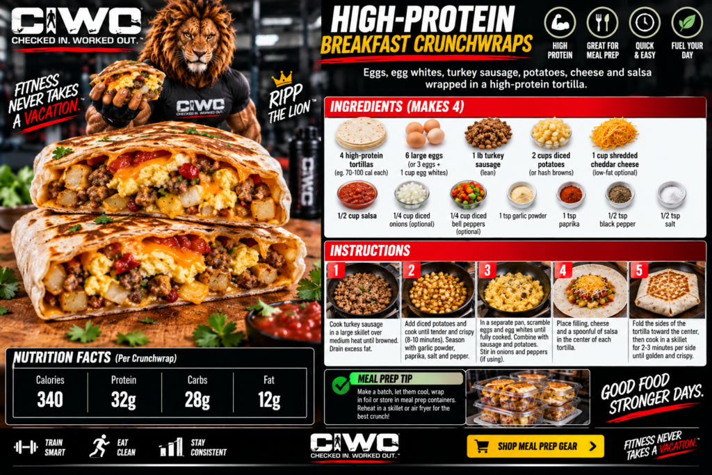 High-protein breakfast crunchwraps with eggs turkey sausage potatoes cheese and salsa CIWO meal prep