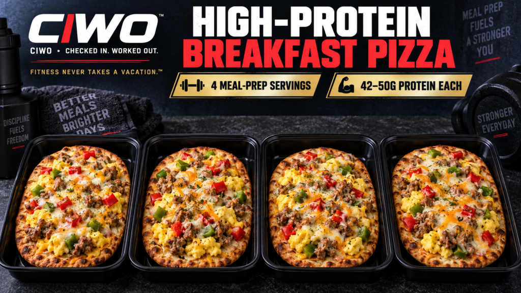 Four CIWO High-Protein Breakfast Pizzas topped with eggs, turkey sausage, cheese and bell peppers