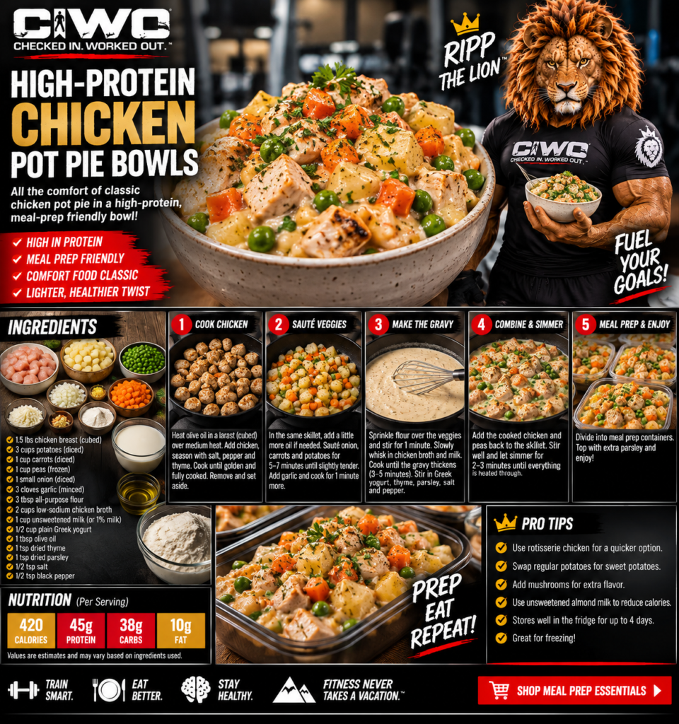 High-Protein Chicken Pot Pie Bowls with chicken breast potatoes peas carrots and creamy gravy
