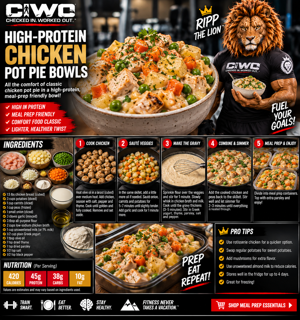 High-Protein Chicken Pot Pie Bowls with chicken breast potatoes peas carrots and creamy gravy