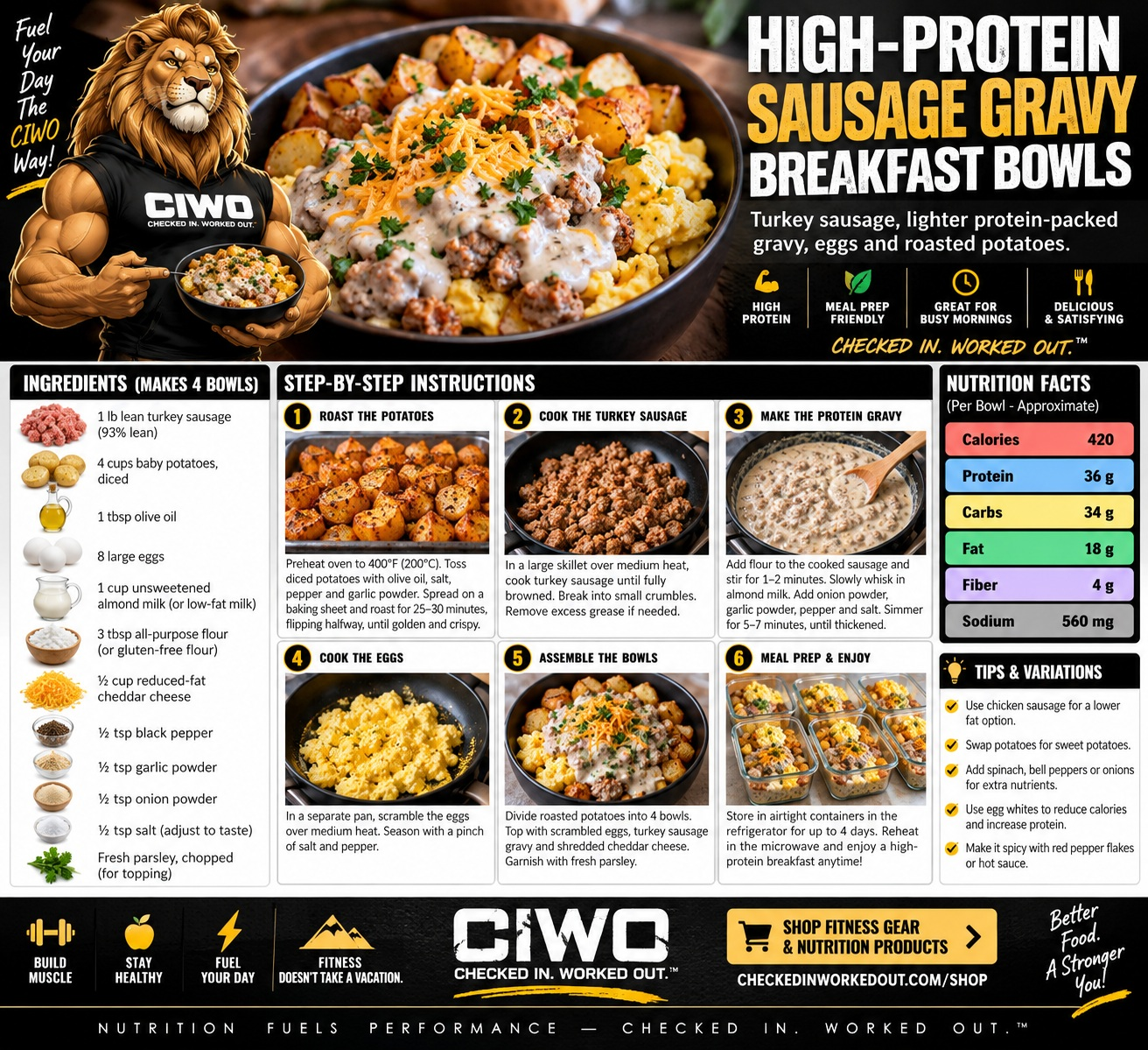 High-Protein Sausage Gravy Breakfast Bowls with turkey sausage, eggs, roasted potatoes and lighter gravy