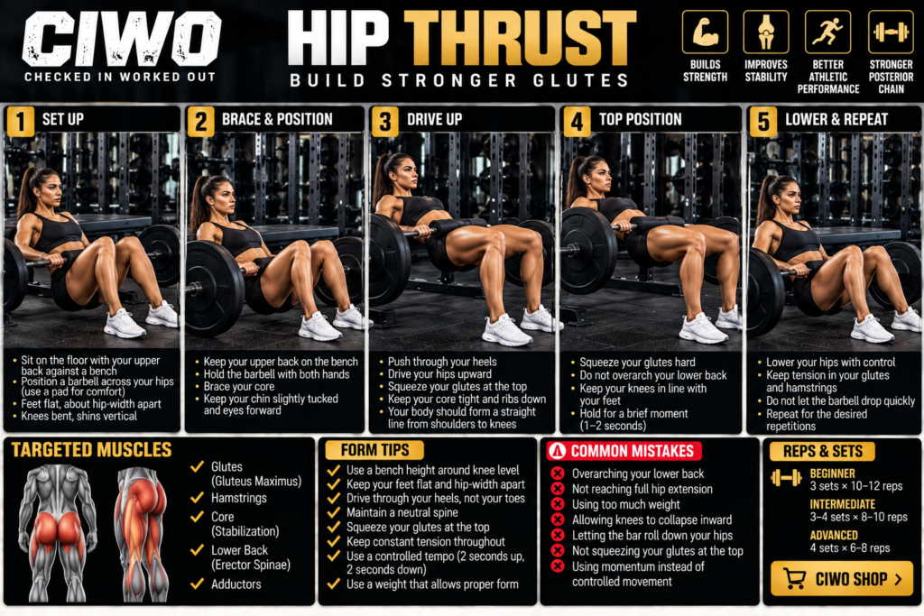 Female athlete demonstrating five stages of the barbell hip thrust on a stable gym bench