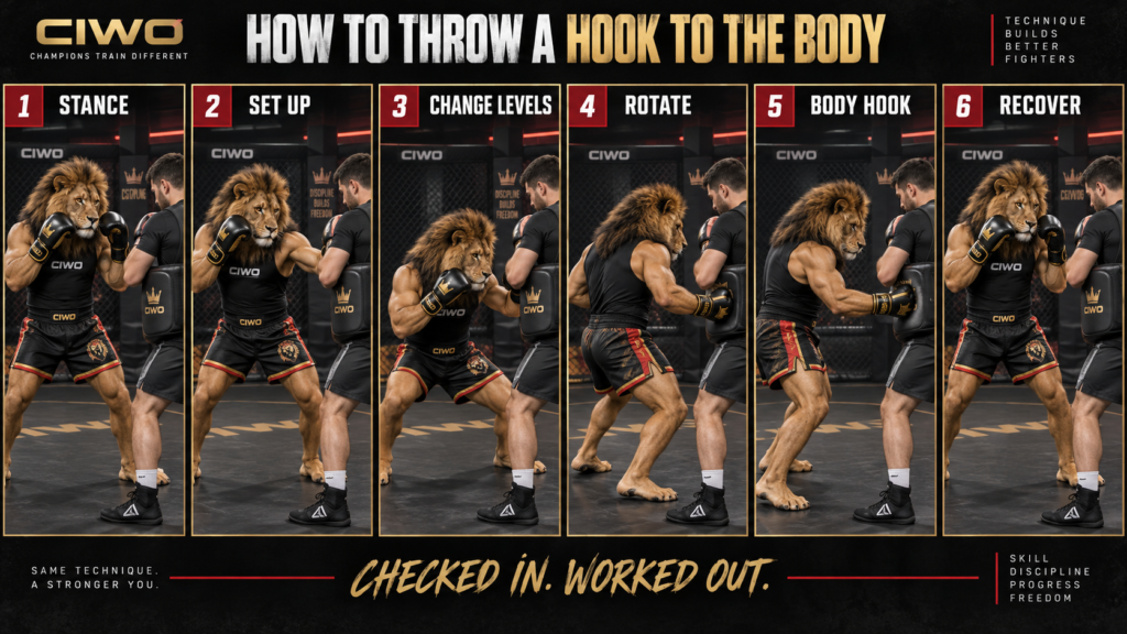 Six-step CIWO guide with RIPP demonstrating how to throw a hook to the body
