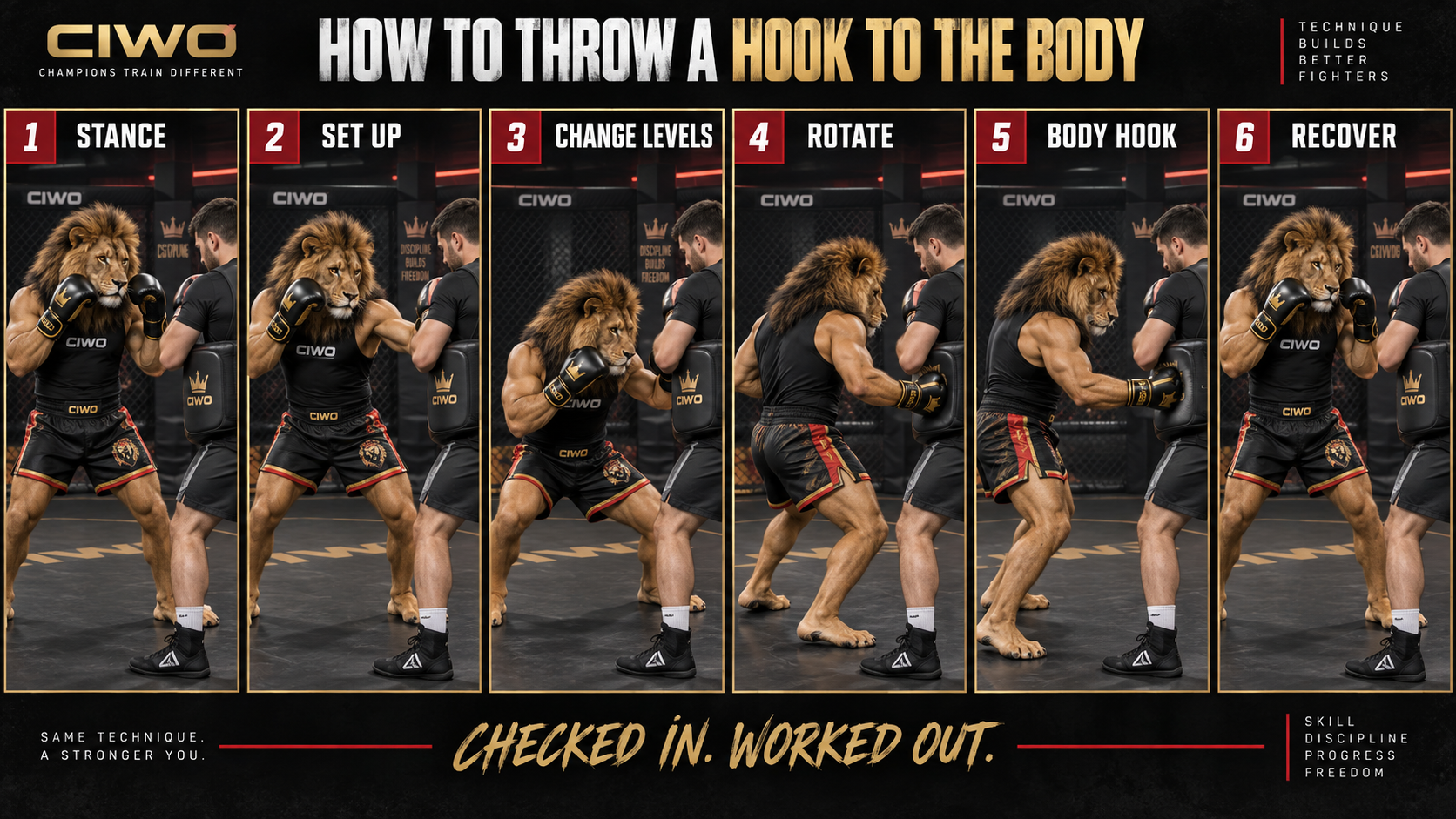 Six-step CIWO guide with RIPP demonstrating how to throw a hook to the body